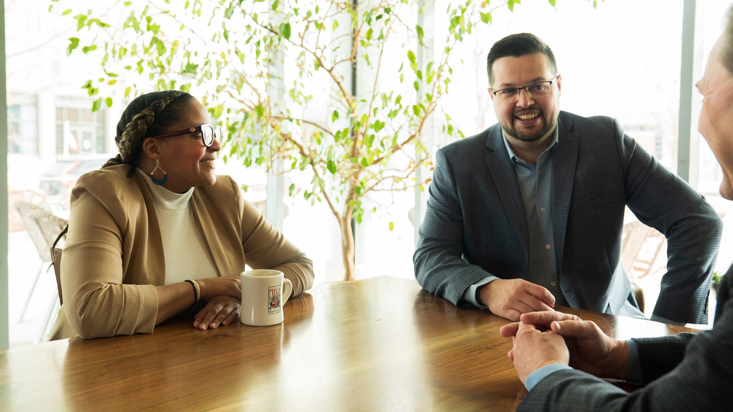 Adults meeting at library